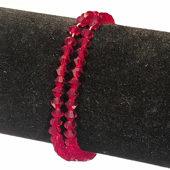 VINTAGE DARK RED FACETED CRYSTAL STRETCH BRACELETS - SET OF 2 - Picture 1 of 16